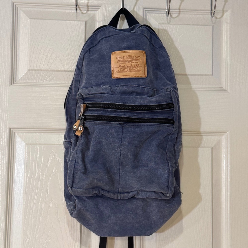 Levis Mens Washed Canvas Backpack Blue Denim Style Two Horse Patch Orange Tab